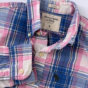 Y2K Abercrombie Fitch Muscle Fit Shirt Women Small Pink Blue White Plaid Moose